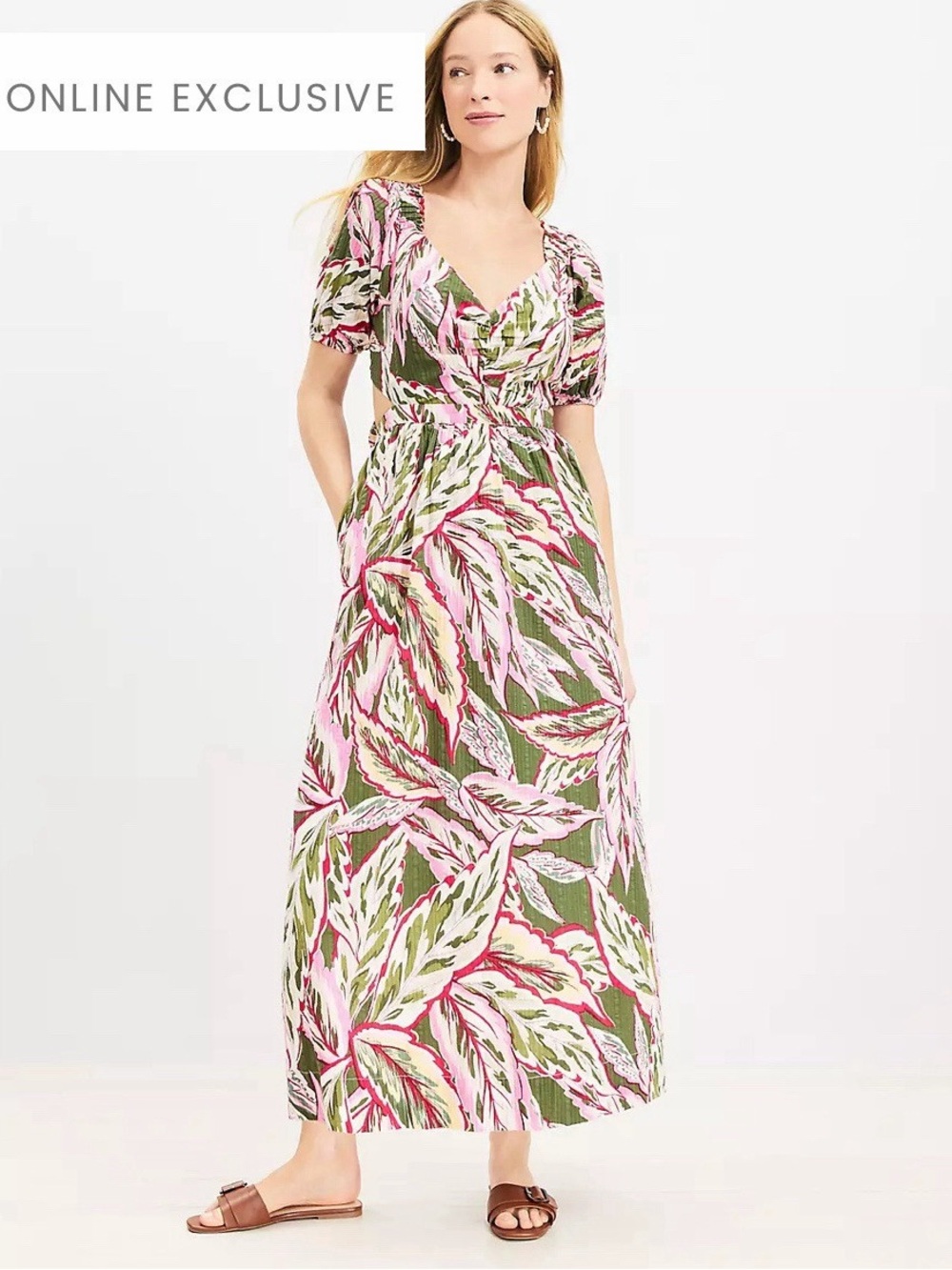 LOFT Pink and Green Leaf-Print Maxi Dress